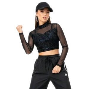 Body Wrappers VTG Mesh Velvet LS Mock Neck Dance Midriff Bling Top Preteen (XS)